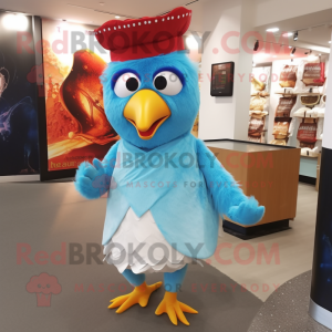 Sky Blue Tandoori Chicken mascot costume character dressed with a Capri Pants and Hat pins