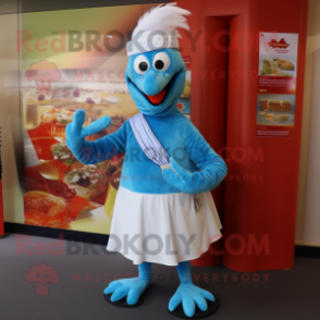 Sky Blue Tandoori Chicken mascot costume character dressed with a Capri Pants and Hat pins