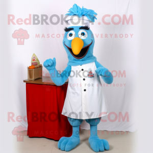 Sky Blue Tandoori Chicken mascot costume character dressed with a Capri Pants and Hat pins