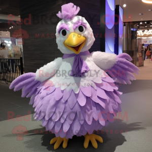 Lavender Chicken mascot costume character dressed with a Pleated Skirt and Bracelets