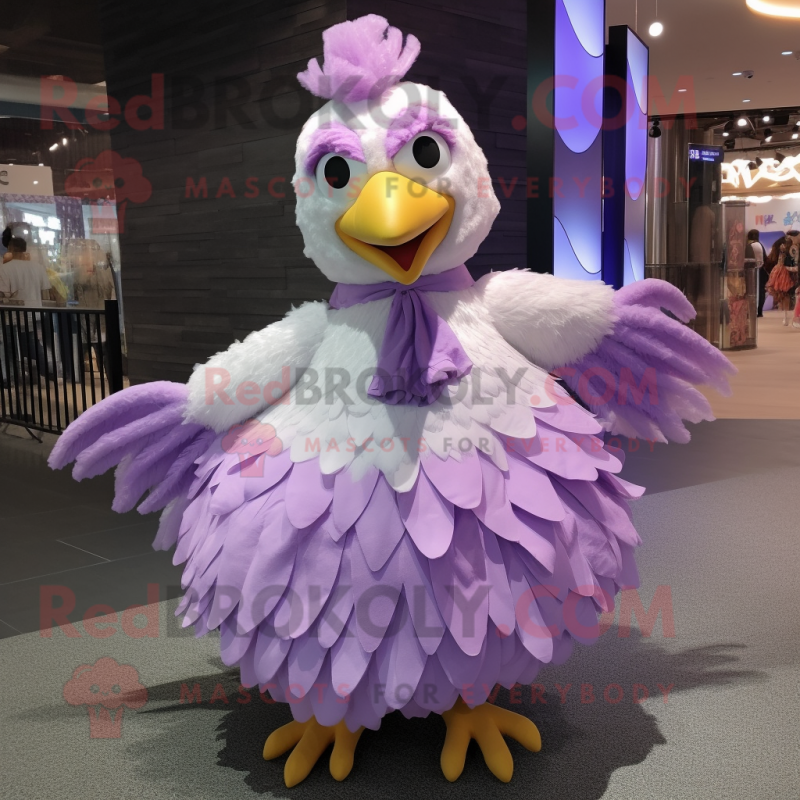 Lavender Chicken mascot costume character dressed with a Pleated Skirt and Bracelets Lavender Chicken mascot costume character dressed with a Pleated Skirt and Bracelets