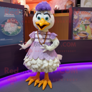 Lavender Chicken mascot costume character dressed with a Pleated Skirt and Bracelets