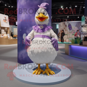 Lavender Chicken mascot costume character dressed with a Pleated Skirt and Bracelets