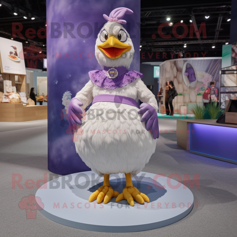 Lavender Chicken mascot costume character dressed with a Pleated Skirt and Bracelets Lavender Chicken mascot costume character dressed with a Pleated Skirt and Bracelets