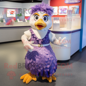 Lavender Chicken mascot costume character dressed with a Pleated Skirt and Bracelets