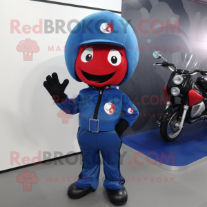 Blue Cherry mascot costume character dressed with a Moto Jacket and Hats