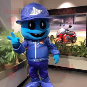 Blue Cherry mascot costume character dressed with a Moto Jacket and Hats