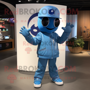 Blue Cherry mascot costume character dressed with a Moto Jacket and Hats