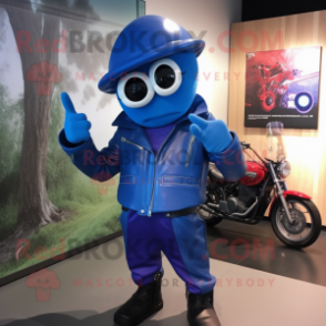 Blue Cherry mascot costume character dressed with a Moto Jacket and Hats