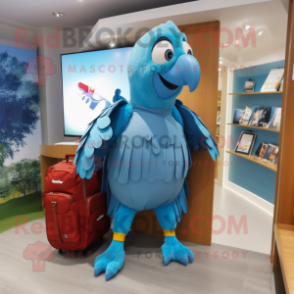 Sky Blue Parrot mascot costume character dressed with a Coat and Backpacks