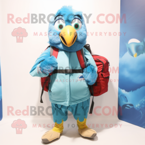 Sky Blue Parrot mascot costume character dressed with a Coat and Backpacks