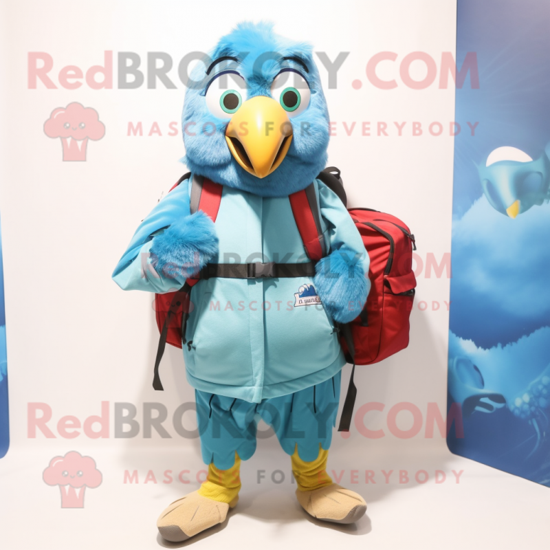 Sky Blue Parrot mascot costume character dressed with a Coat and Backpacks Sky Blue Parrot mascot costume character dressed with a Coat and Backpacks