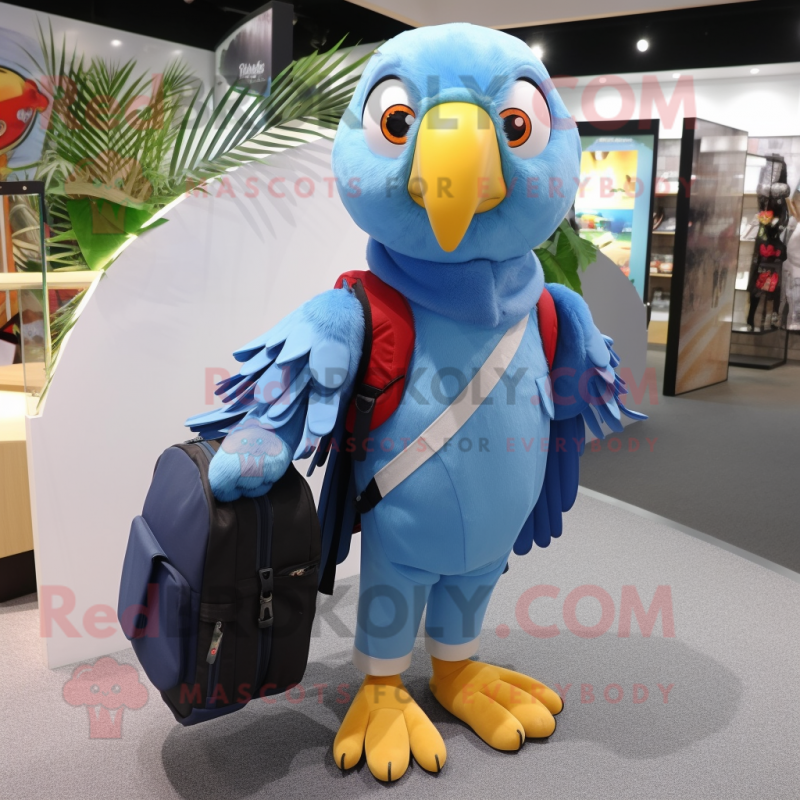 Sky Blue Parrot mascot costume character dressed with a Coat and Backpacks