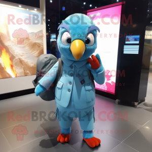 Sky Blue Parrot mascot costume character dressed with a Coat and Backpacks