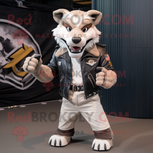 White Thylacosmilus mascot costume character dressed with a Biker Jacket and Belts