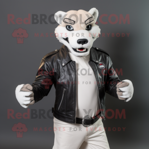 White Thylacosmilus mascot costume character dressed with a Biker Jacket and Belts