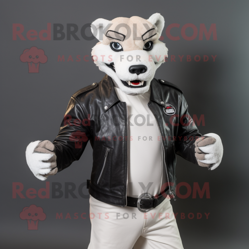White Thylacosmilus mascot costume character dressed with a Biker Jacket and Belts White Thylacosmilus mascot costume character dressed with a Biker Jacket and Belts