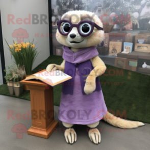 Lavender Meerkat mascot costume character dressed with a Wrap Dress and Reading glasses