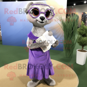 Lavender Meerkat mascot costume character dressed with a Wrap Dress and Reading glasses