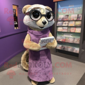 Lavender Meerkat mascot costume character dressed with a Wrap Dress and Reading glasses