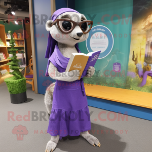 Lavender Meerkat mascot costume character dressed with a Wrap Dress and Reading glasses