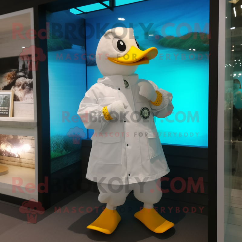 White Duck mascot costume character dressed with a Raincoat and Bracelet watches