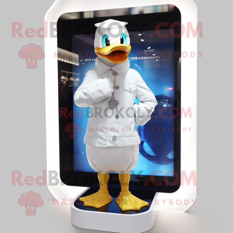 White Duck mascot costume character dressed with a Raincoat and Bracelet watches