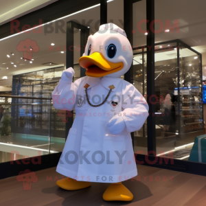White Duck mascot costume character dressed with a Raincoat and Bracelet watches