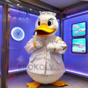 White Duck mascot costume character dressed with a Raincoat and Bracelet watches