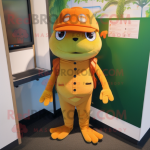 Orange Frog mascot costume character dressed with a Cardigan and Caps