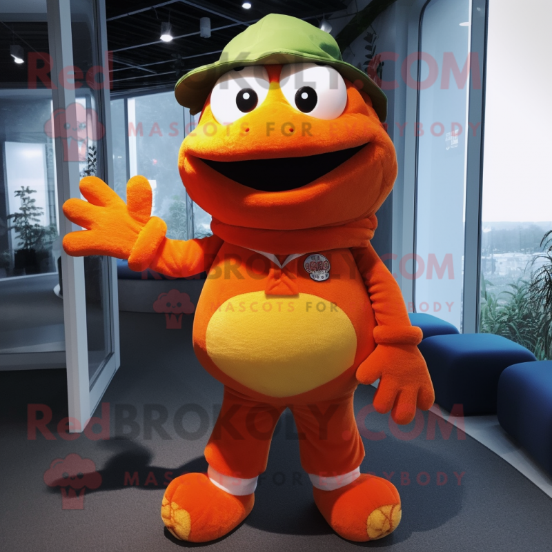 Orange Frog mascot costume character dressed with a Cardigan and Caps Orange Frog mascot costume character dressed with a Cardigan and Caps