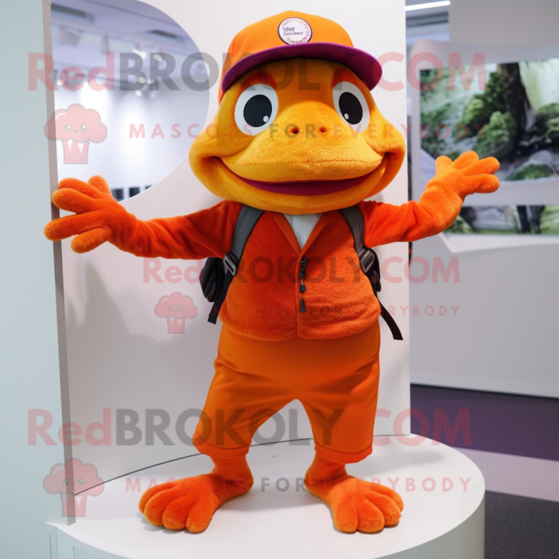 Orange Frog mascot costume character dressed with a Cardigan and Caps Orange Frog mascot costume character dressed with a Cardigan and Caps