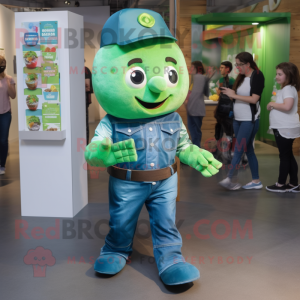 Green Chocolate Bars mascot costume character dressed with a Denim Shirt and Anklets