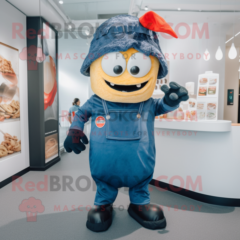 Navy Fried Rice mascot costume character dressed with a Dungarees and Beanies Navy Fried Rice mascot costume character dressed with a Dungarees and Beanies