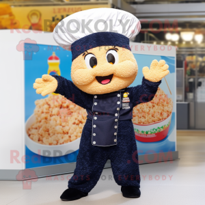Navy Fried Rice mascot costume character dressed with a Dungarees and Beanies