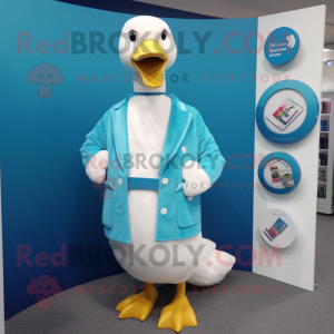 Cyan Swans mascot costume character dressed with a Cardigan and Tie pins