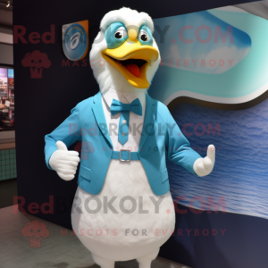 Cyan Swans mascot costume character dressed with a Cardigan and Tie pins