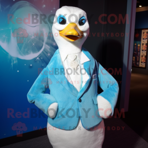 Cyan Swans mascot costume character dressed with a Cardigan and Tie pins