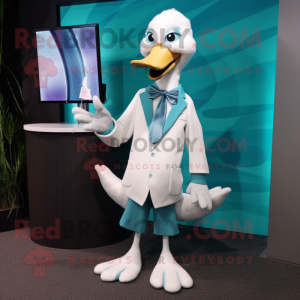 Cyan Swans mascot costume character dressed with a Cardigan and Tie pins