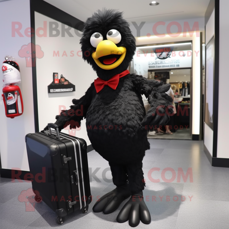 Black Fried Chicken mascot costume character dressed with a Jeans and Briefcases Black Fried Chicken mascot costume character dressed with a Jeans and Briefcases
