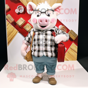 White Sow mascot costume character dressed with a Flannel Shirt and Clutch bags