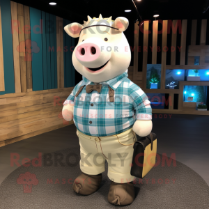 White Sow mascot costume character dressed with a Flannel Shirt and Clutch bags