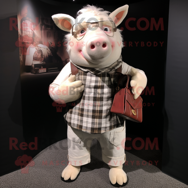 White Sow mascot costume character dressed with a Flannel Shirt and Clutch bags