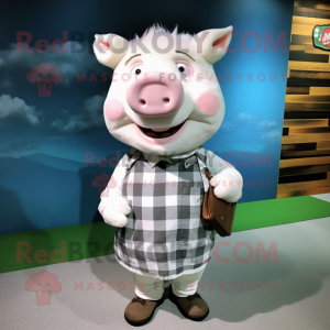 White Sow mascot costume character dressed with a Flannel Shirt and Clutch bags