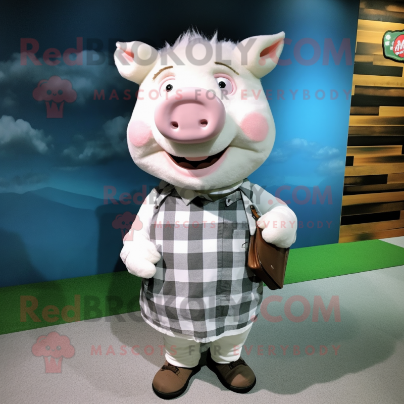 White Sow mascot costume character dressed with a Flannel Shirt and Clutch bags White Sow mascot costume character dressed with a Flannel Shirt and Clutch bags