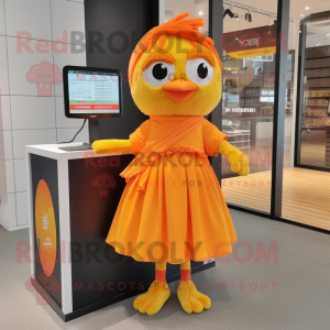 Orange Canary mascot costume character dressed with a Wrap Dress and Hair clips