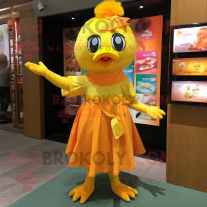 Orange Canary mascot costume character dressed with a Wrap Dress and Hair clips