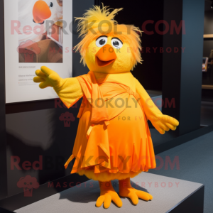 Orange Canary mascot costume character dressed with a Wrap Dress and Hair clips