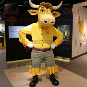 Yellow Bull mascot costume character dressed with a Button-Up Shirt and Suspenders