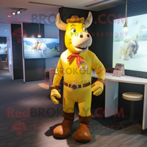 Yellow Bull mascot costume character dressed with a Button-Up Shirt and Suspenders